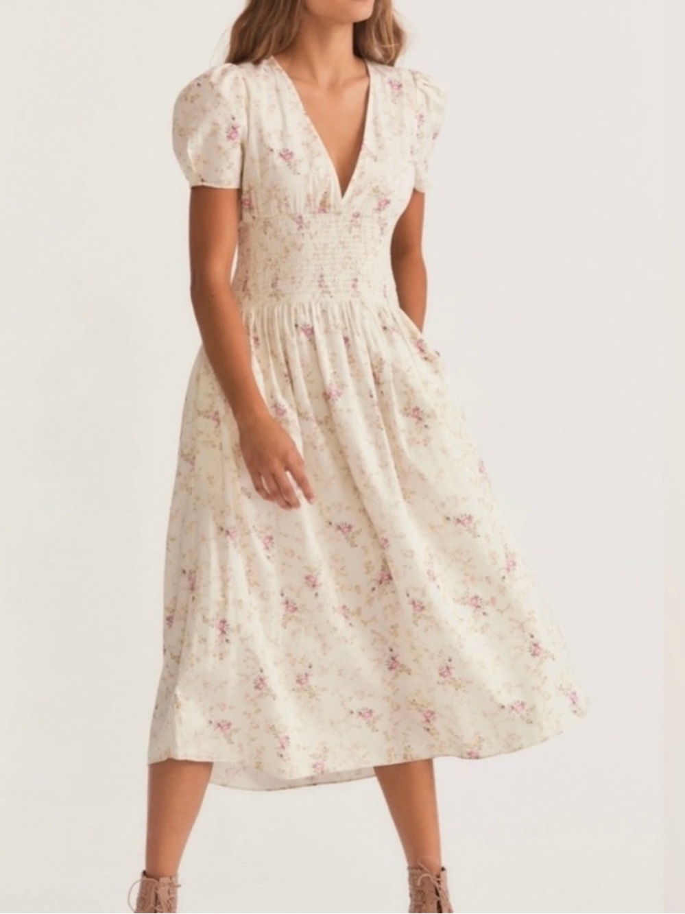 LoveShackFancy Cream Midi Dress with Pink Floral Print worn once! XS